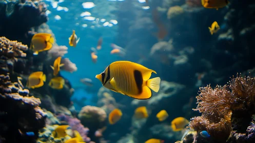 Tropical butterflyfish glides through sunlit coral reef seascape.