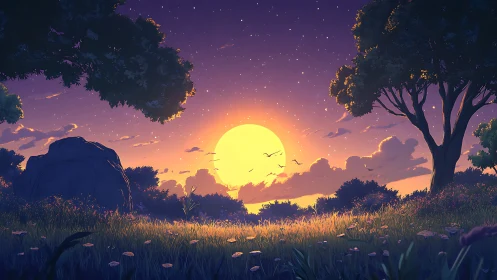 Sunset over quiet meadow with trees and glowing sky.