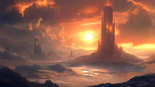 Alien basalt spires rise over molten sunset wasteland sky