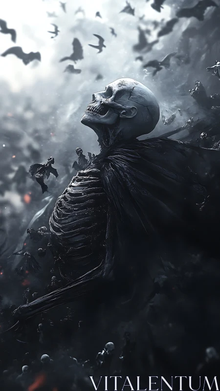 Colossal skeletal wraith rising amid swirling dark crows.