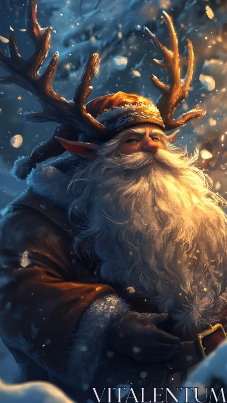 Gentle winter stag Santa wrapped in cozy golden light.