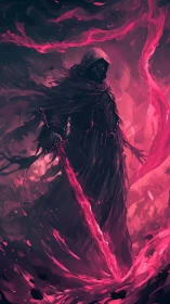 Hooded wraith with crimson energy sword in swirling arcane storm