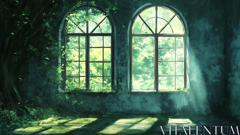 Sunlit ivy windows transform abandoned room into garden