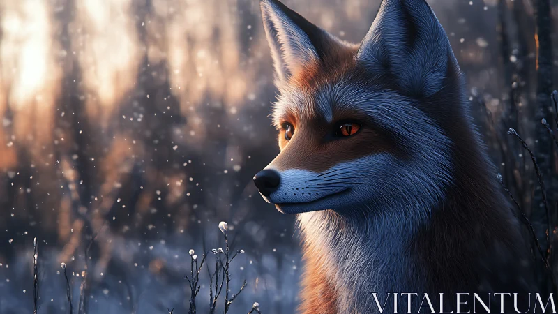 Vivid digital fox portrait in snowy winter forest dusk.