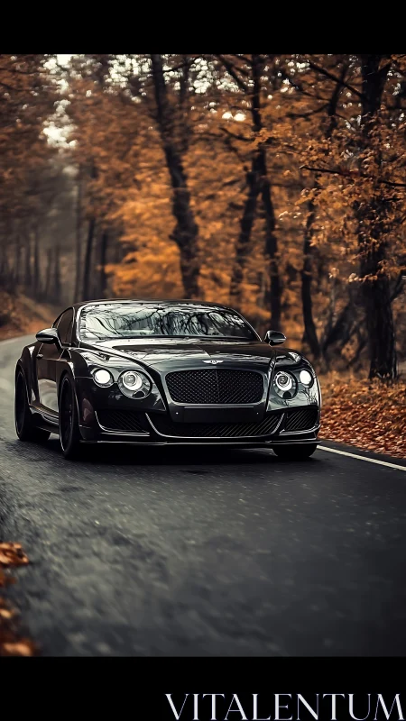 Black luxury sports coupe charges through a moody autumn forest