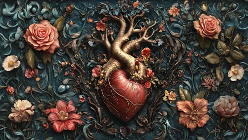 Anatomical Heart Surrounded by Baroque Floral Elements