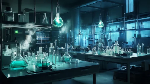 Futuristic chemistry lab bathed in teal glow and rising vapor.