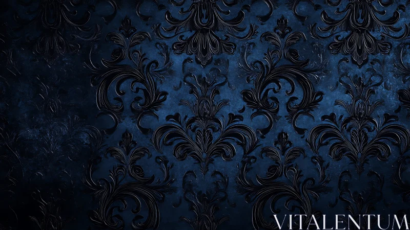 Dark blue baroque wallpaper shows embossed floral scrolls