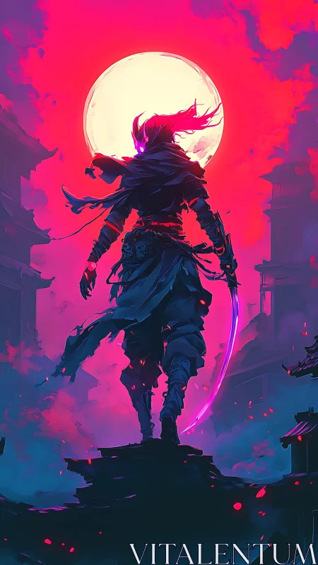 Neon moonlit cyber-ninja silhouette in heroic vertical composition.