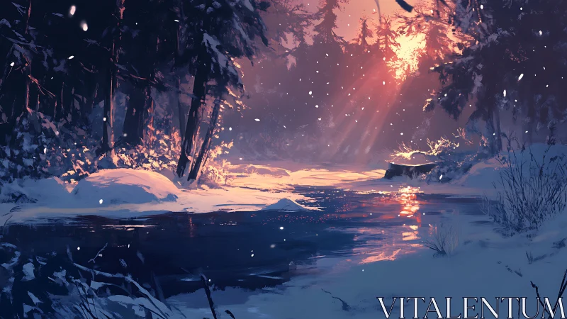 Winter forest river glows softly under a fading sunset light