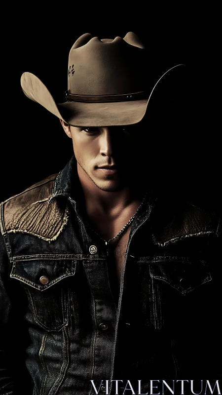 Moody cowboy portrait in low key dramatic studio lighting.