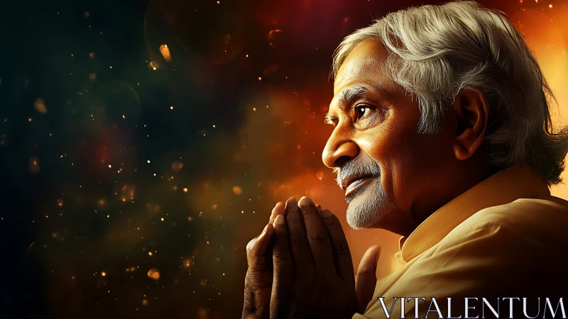 Elderly man in prayerful profile against glowing bokeh field.