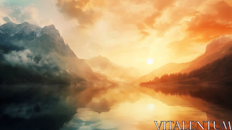 Sunlit alpine lake reflects misty mountains under warm sky