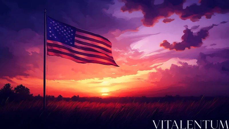 Twilight winds cradle the American flag above ember fields.