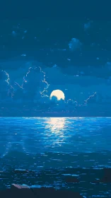 Pixelated lunar seascape with reflected moonlight gradient