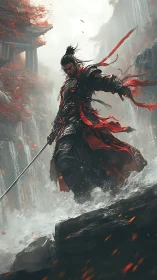 Samurai warrior amid crimson falls in dynamic digital painting.