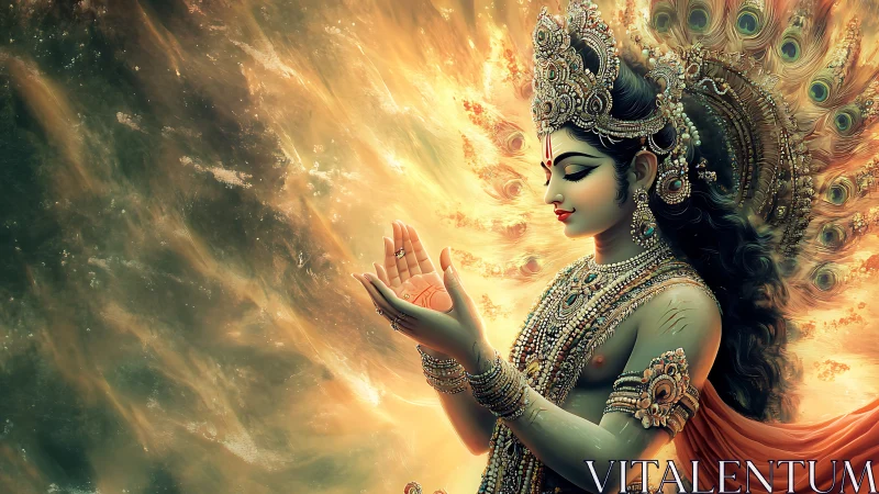 Radiant divine figure cradling light in swirling golden sky.