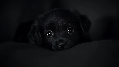 Midnight-eyed puppy nestles in a velvet hush of shadows.