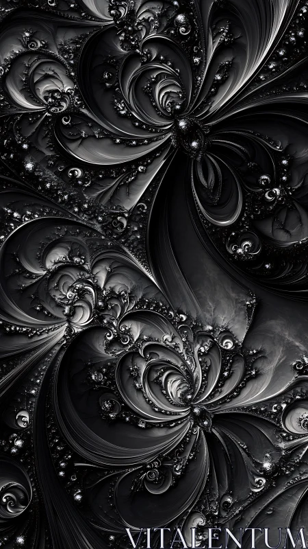 Monochrome fractal swirls forming layered floral structures.