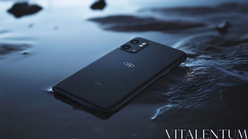 Black smartphone resting on wet reflective surface at dusk.