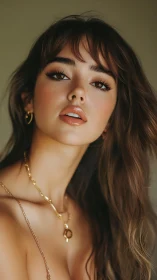 Soft-lit portrait of woman with layered hair and gold jewelry.