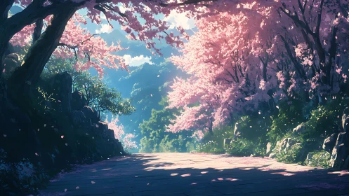 Sunlit cherry blossom road inviting a gentle, dreamy walk.