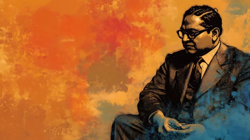 Reflective suited figure rests against a warm painted sky