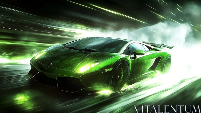 Electric green supercar racing through neon night streets.