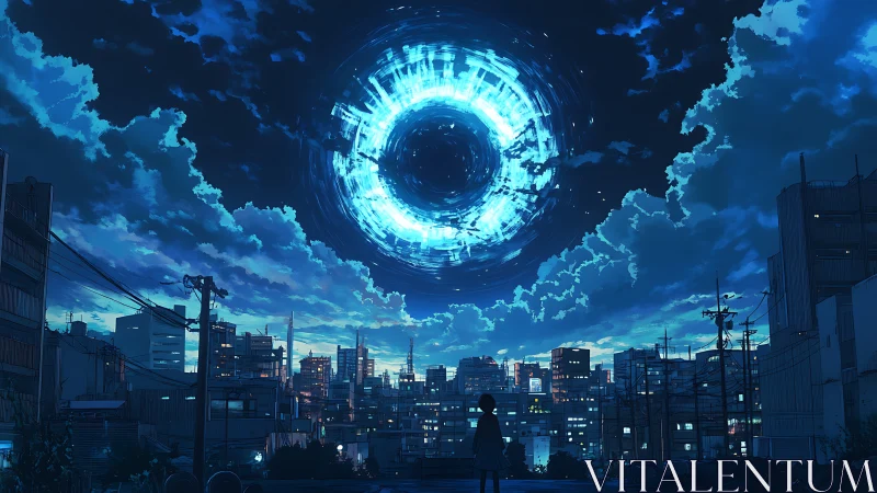 Neon sky portal over midnight city and lone dreamer.