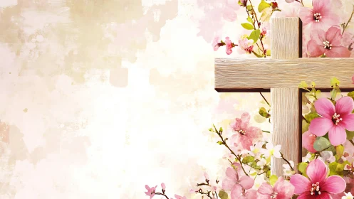 Wooden cross with pink blossoms on textured light ground.