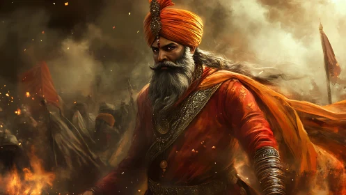 Warrior leader in orange turban strides through burning battlefield.