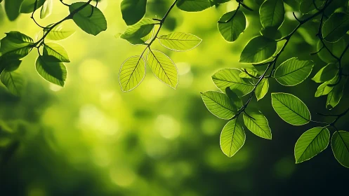 Sunlit Green Leaves Close-Up with Soft Nature Background.