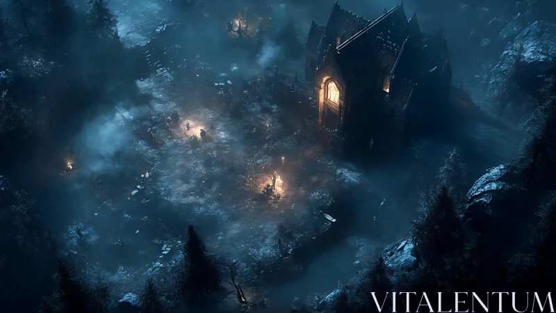 Isometric gothic chapel siege rendered in cinematic digital painting