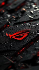 Red gaming emblem glows on wet black metal surface.