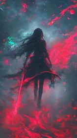 Silhouetted figure with sword moves through red energy field