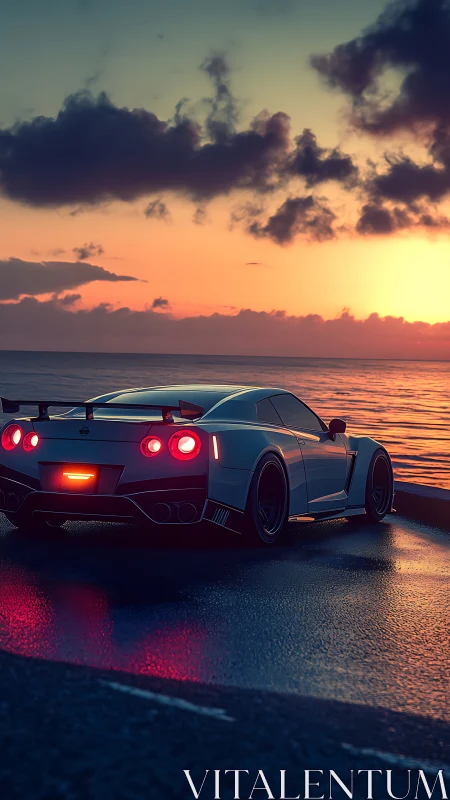 Sports car cruises wet coastal road at vivid sunset.