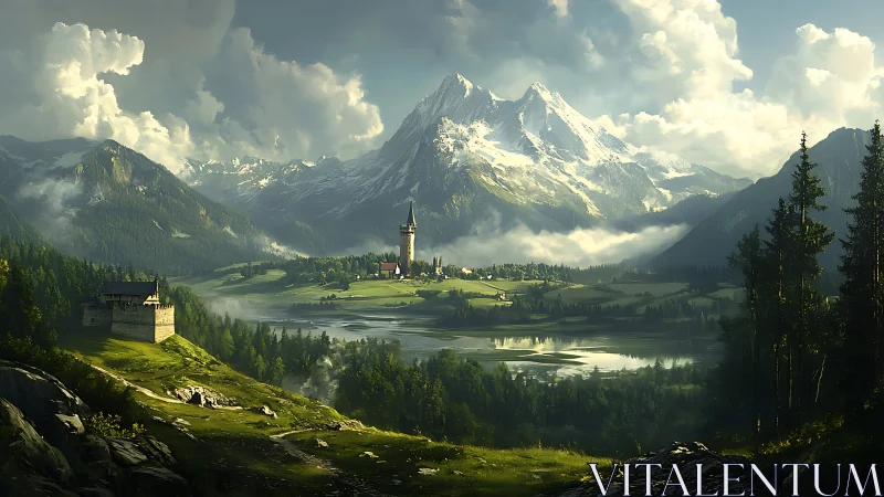 Tower village in wide alpine valley under high peaks.