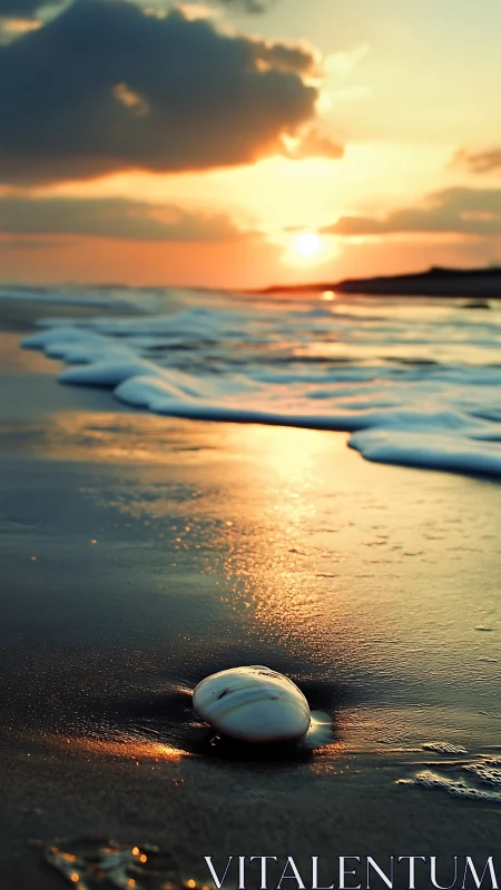 Shell foreground focus on reflective tidal shoreline at sundown.
