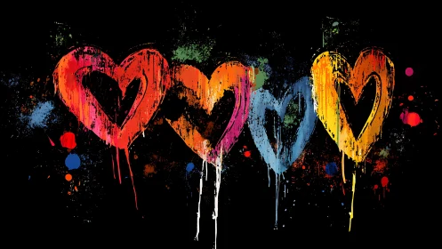 Vibrant Heart Quartet Against Black: Contemporary Graffiti Art.