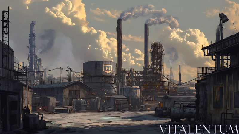 Industrial refinery yard with smokestacks under heavy clouds.