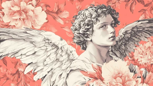 Baroque-style angelic portrait contrasts coral floral backdrop