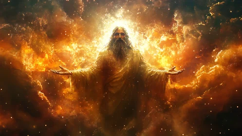Radiant celestial figure emerging from fiery cosmic clouds