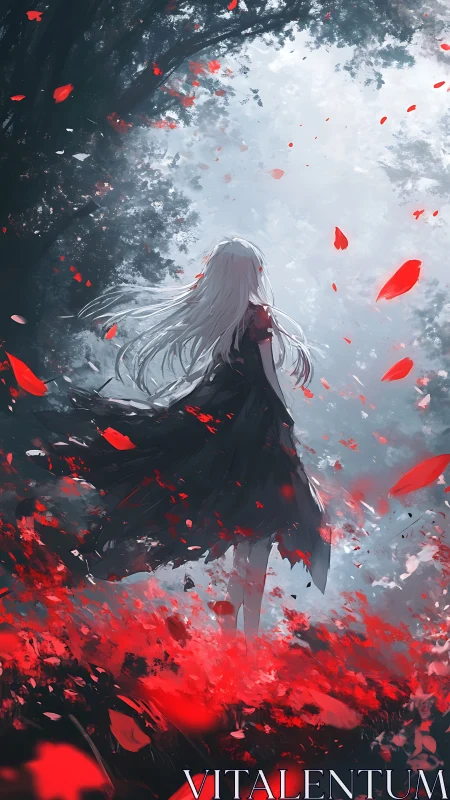 Figure stands in backlit forest surrounded by red petals