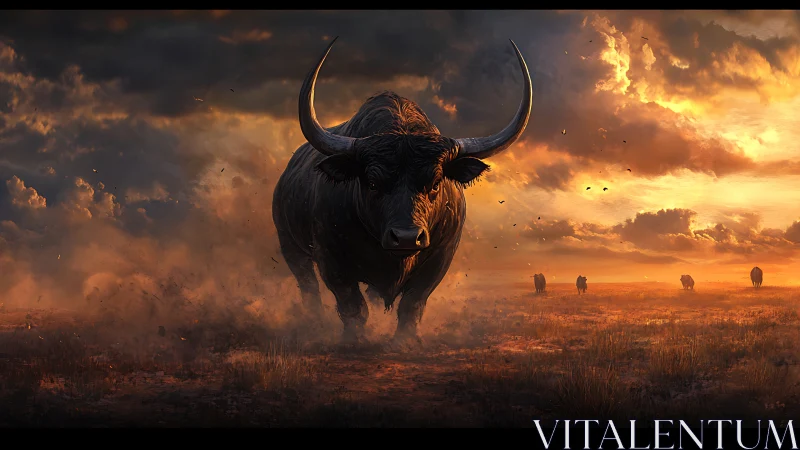Storm-horned buffalo charges through ember-lit dusk plains.