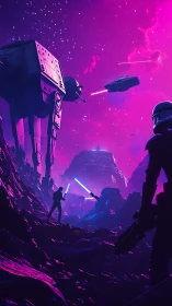 Neon magenta sci fi battlefield with walkers and laser duel