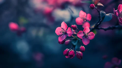 Deep teal bokeh backdrop with vibrant magenta blossoms and burgundy buds.