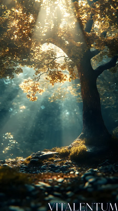 Sunlit forest tree under cinematic golden rays.