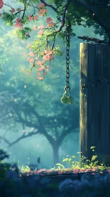 Sunlit wooden gate and hanging bells in misty spring garden