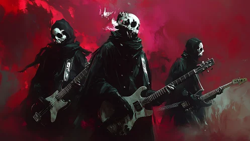 Skeletal metal band rises in crimson storm of sound.