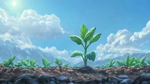 Young green plant in bright mountain farmland landscape.
